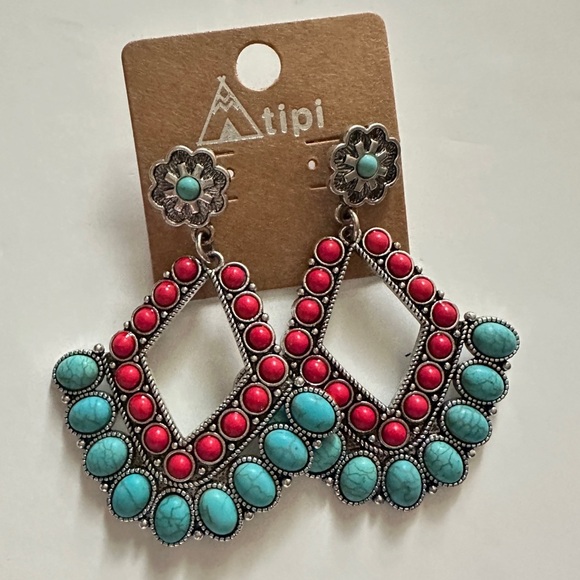 Boho Red & Turquoise Diamond-Shaped Western Earrings – Boho Statement Style - Picture 2 of 3